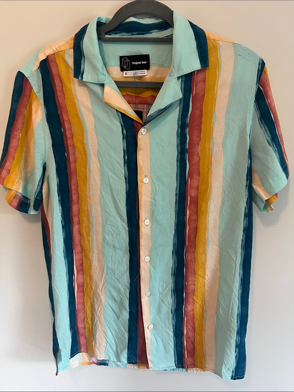 Original Use Men's Aqua Multicolor Vertical Stripe Short Sleeve Shirt